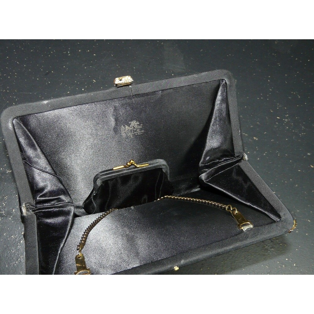 1950s Vintage After Five Black Clutch Bag Evening Bag W/ Coin Purse Chain Strap